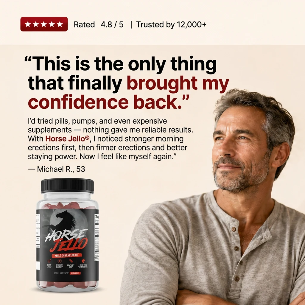 Rated 4.8 out of 5. &ldquo;This is the only thing that finally brought my
                  confidence back.&rdquo; I&rsquo;d tried pills, devices, and even expensive
                  supplements &mdash; nothing gave me reliable results. With Horse Jello&reg;, I
                  noticed stronger morning function first, then fuller response and better lasting
                  vitality. Now I feel like myself again. &mdash; Michael R., 53.